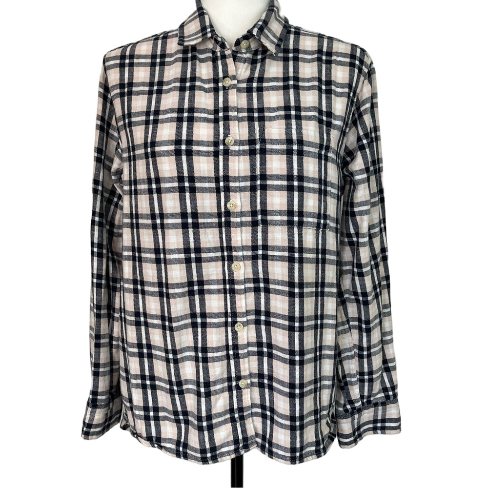 Roots Women's Plaid Flannel Button Up Shirt Top M 100% Cotton B & W Outdoors